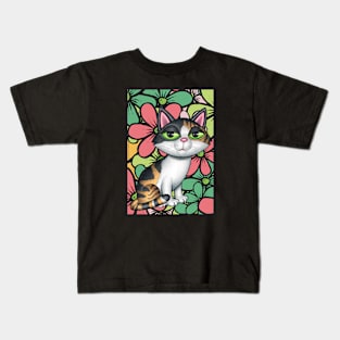 Cute Calico Kitty Cat with multi colored flowers Kids T-Shirt